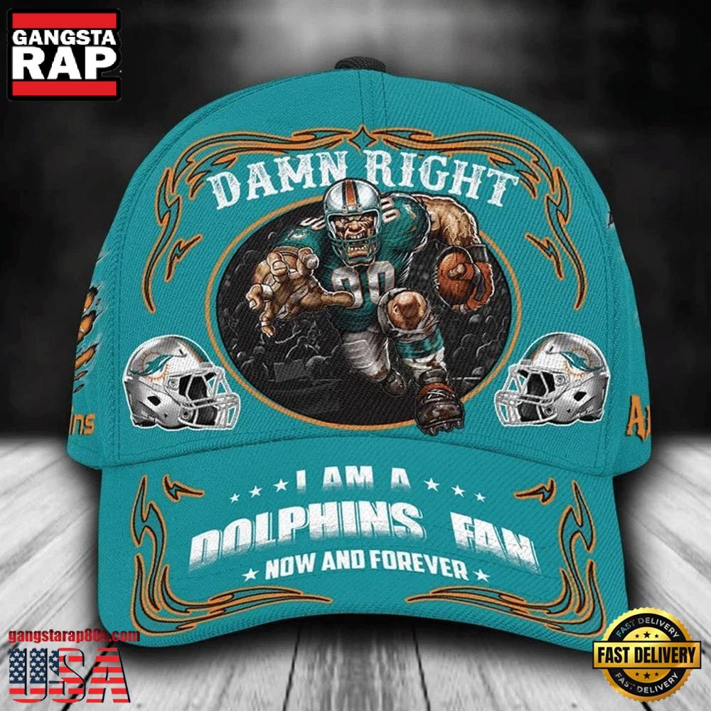 NFL Custom Name Miami Dolphins Mascot Damn Right Football Team Baseball Cap