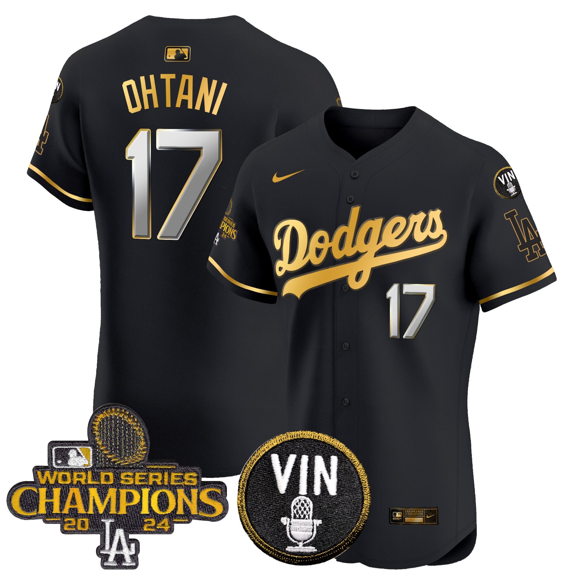 Men's Dodgers 2024 World Series Champions Gold Trim Vapor Premier Elite Jersey - All Stitched