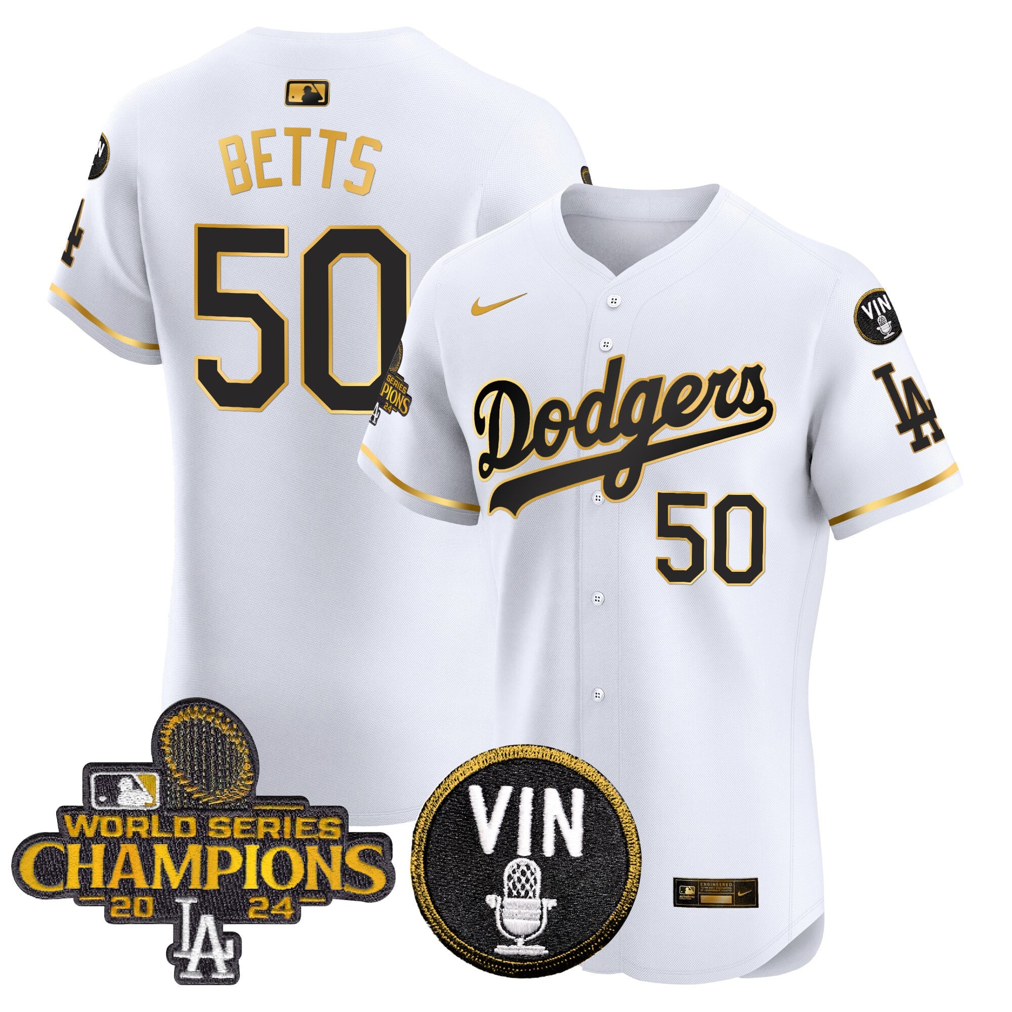 Men's Dodgers 2024 World Series Champions Gold Trim Vapor Premier Elite Jersey - All Stitched