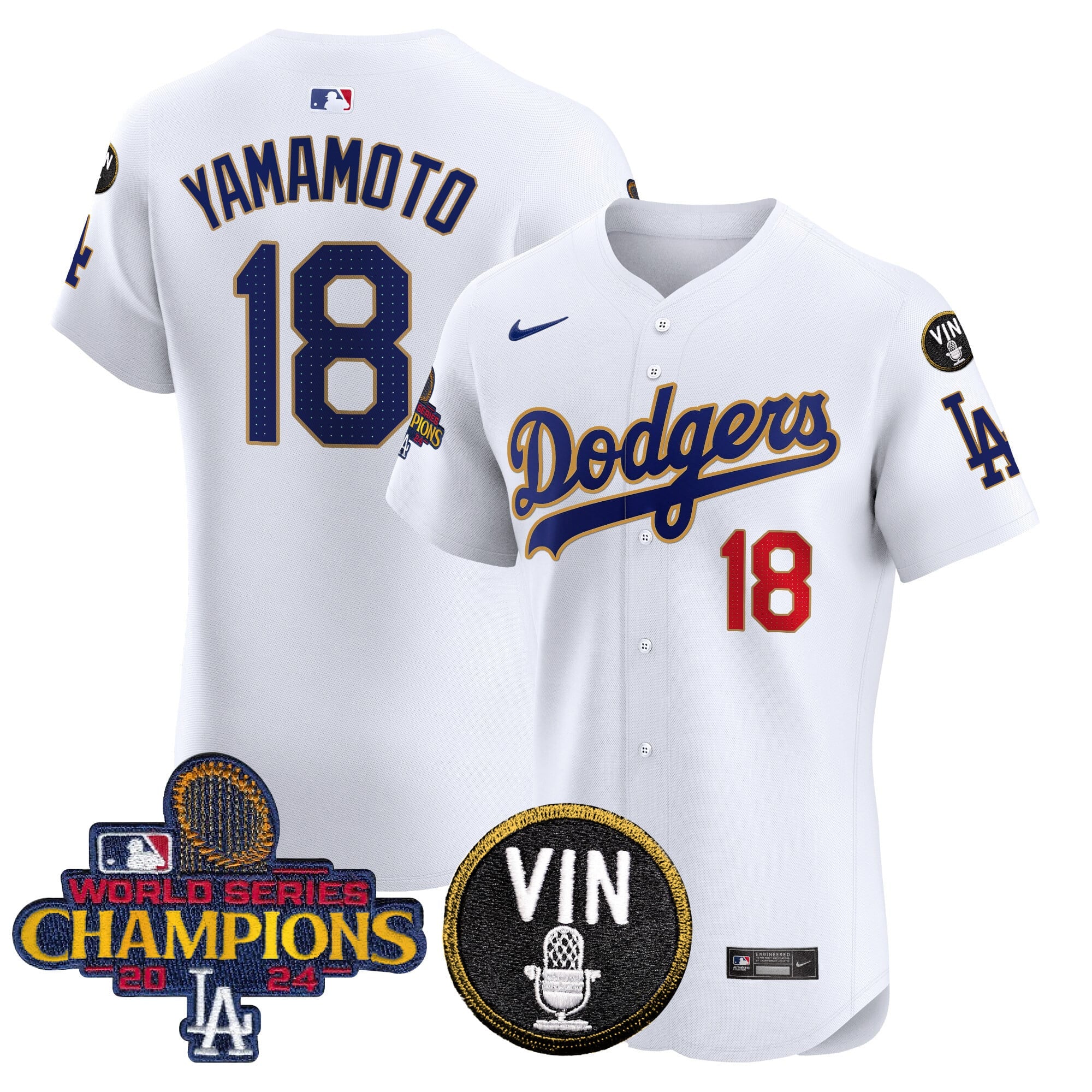 Men's Dodgers 2024 World Series Champions Gold Trim Vapor Premier Elite Jersey - All Stitched