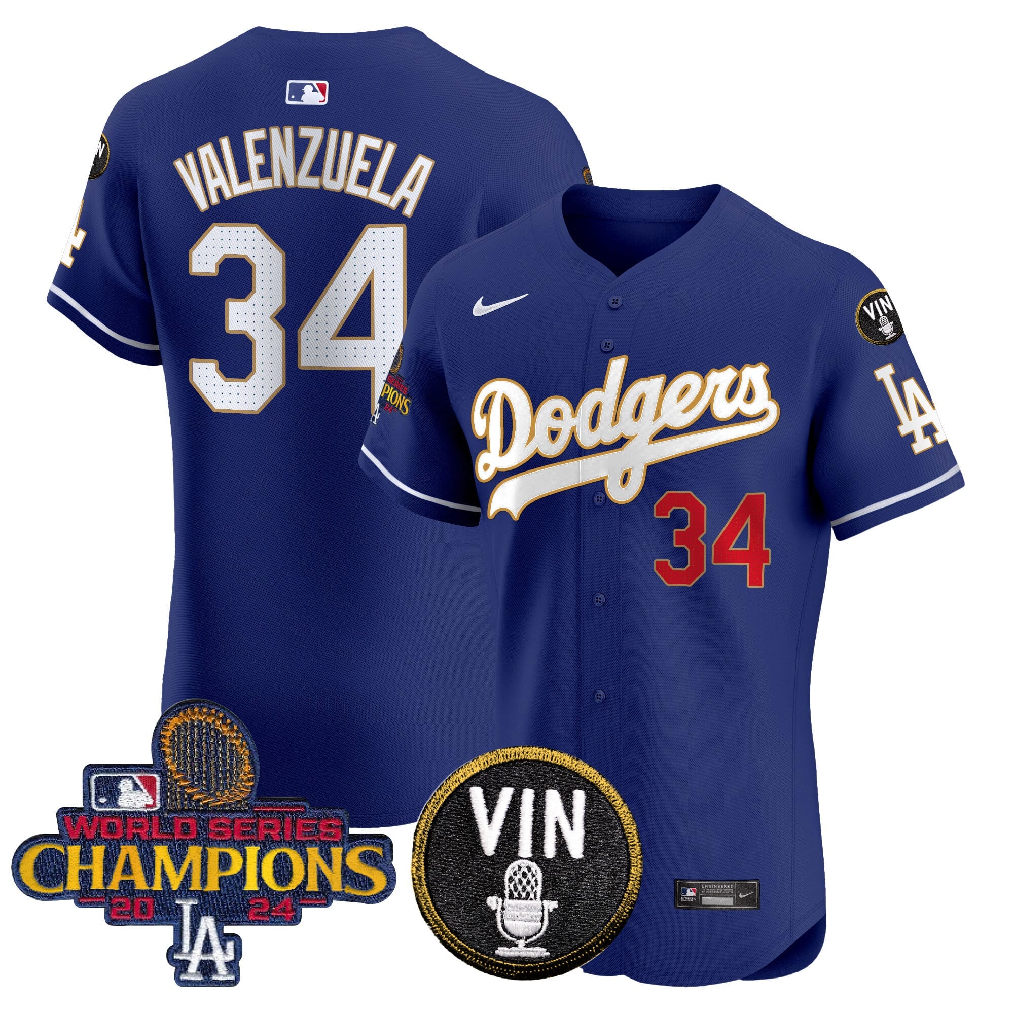 Men's Dodgers 2024 World Series Champions Gold Trim Vapor Premier Elite Jersey - All Stitched