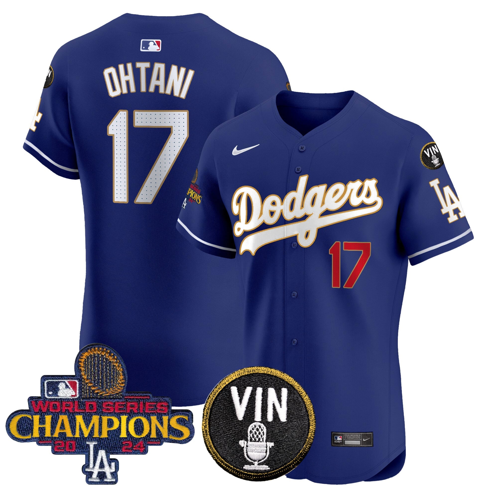 Men's Dodgers 2024 World Series Champions Gold Trim Vapor Premier Elite Jersey - All Stitched