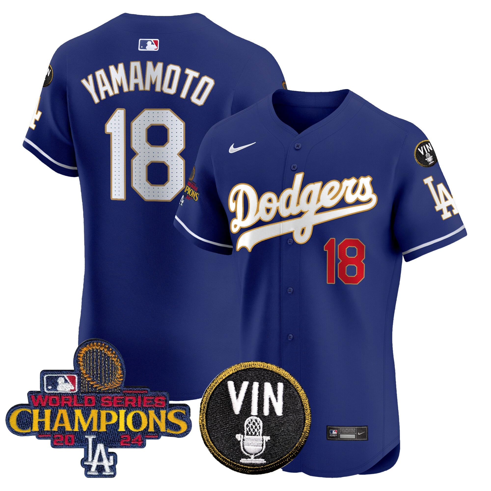 Men's Dodgers 2024 World Series Champions Gold Trim Vapor Premier Elite Jersey - All Stitched