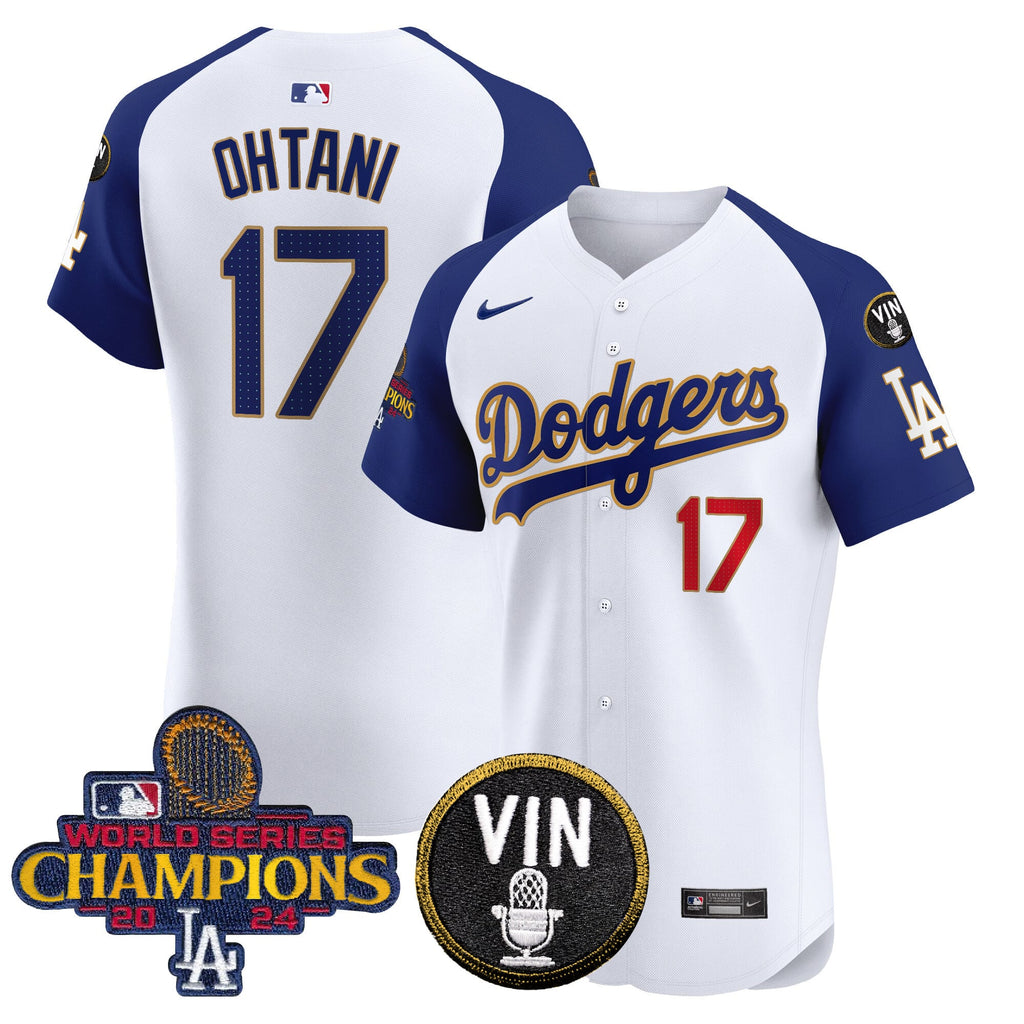 Men's Dodgers 2024 World Series Champions Gold Trim Vapor Premier Elite Jersey - All Stitched