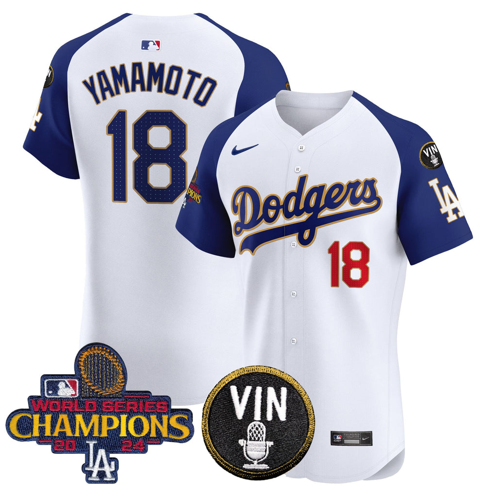Men's Dodgers 2024 World Series Champions Gold Trim Vapor Premier Elite Jersey - All Stitched