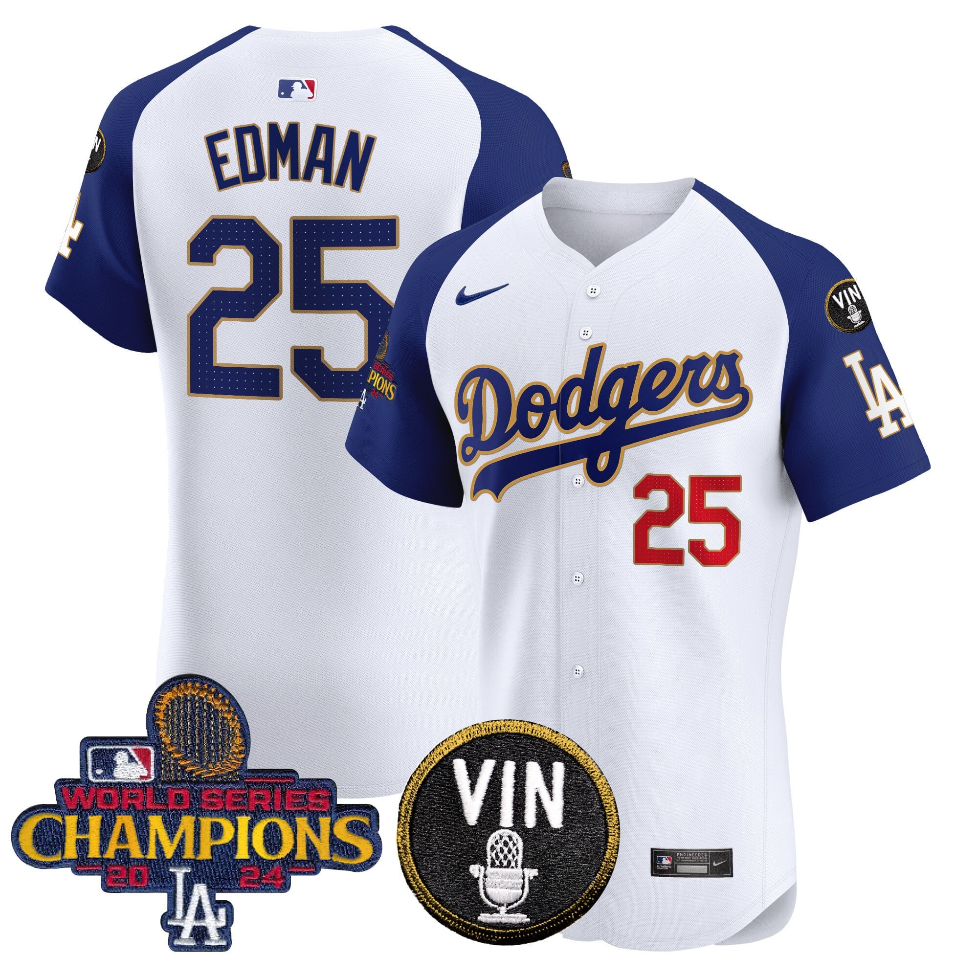 Men's Dodgers 2024 World Series Champions Gold Trim Vapor Premier Elite Jersey - All Stitched