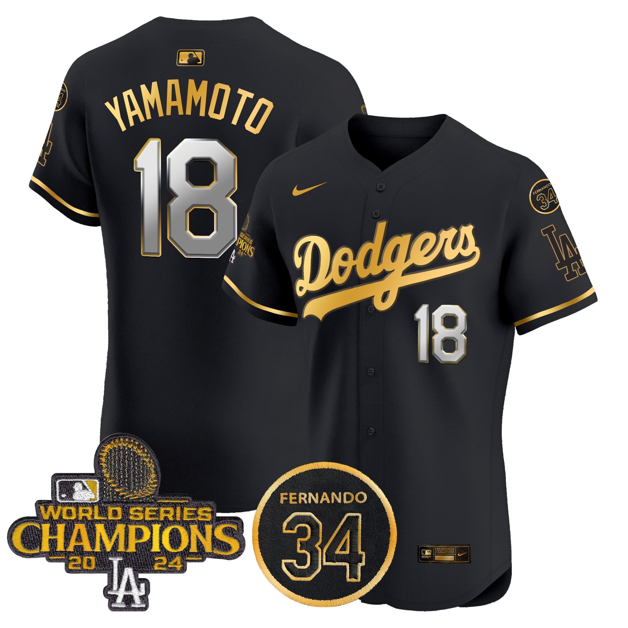 Men's Dodgers 2024 World Series Champions Gold Trim Vapor Premier Elite Jersey V2 - All Stitched