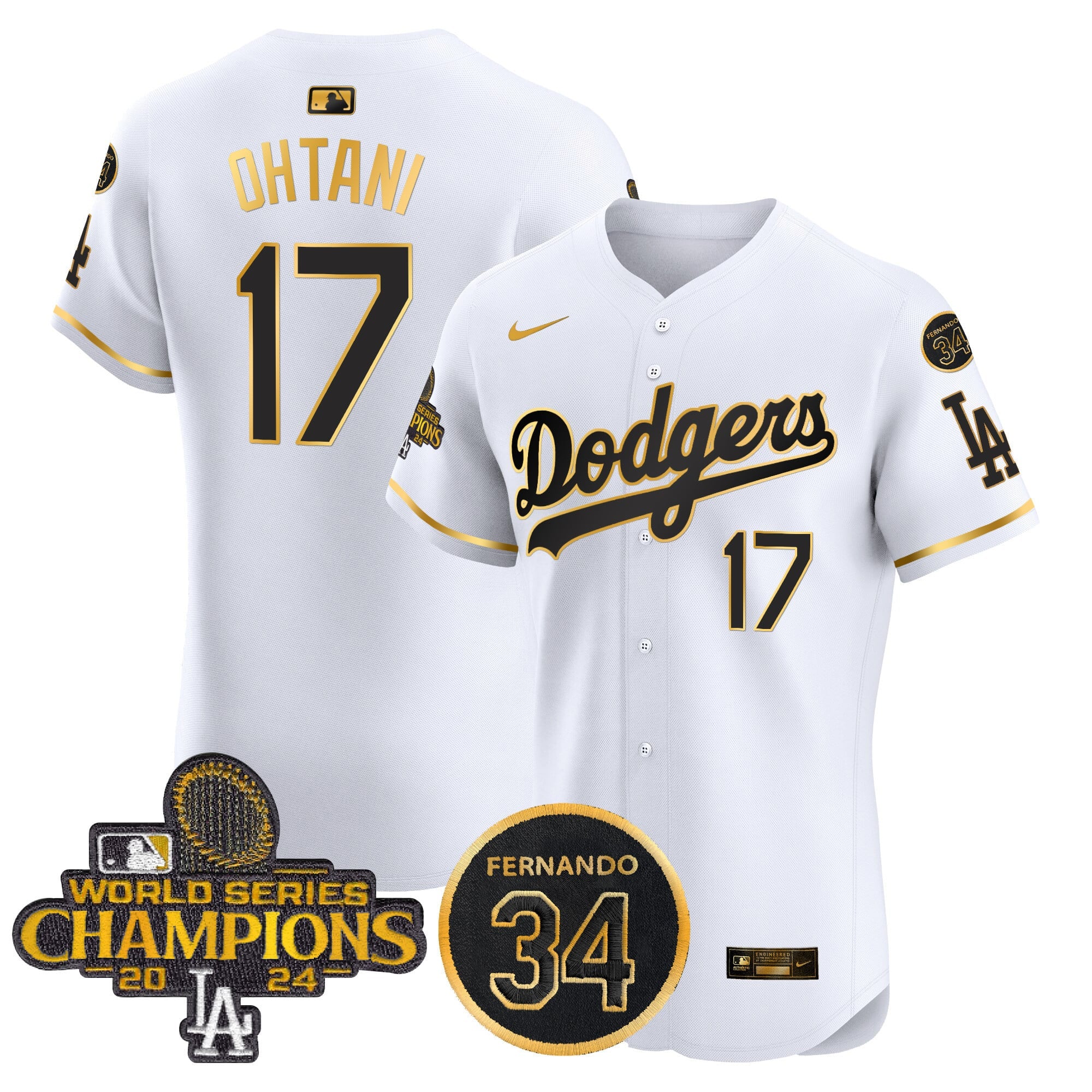 Men's Dodgers 2024 World Series Champions Gold Trim Vapor Premier Elite Jersey V2 - All Stitched