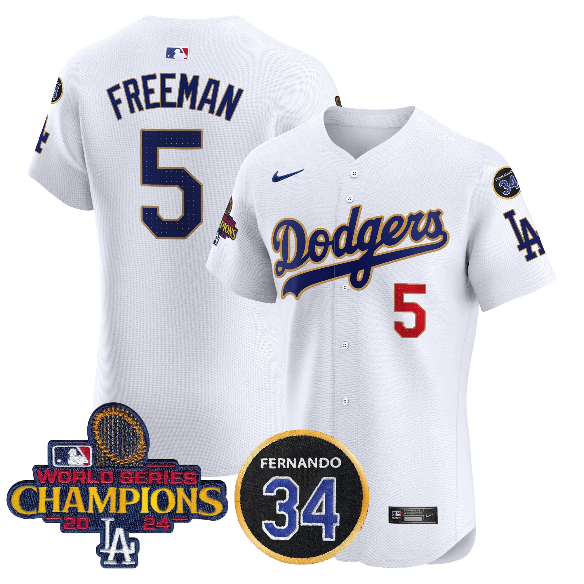 Men's Dodgers 2024 World Series Champions Gold Trim Vapor Premier Elite Jersey V2 - All Stitched