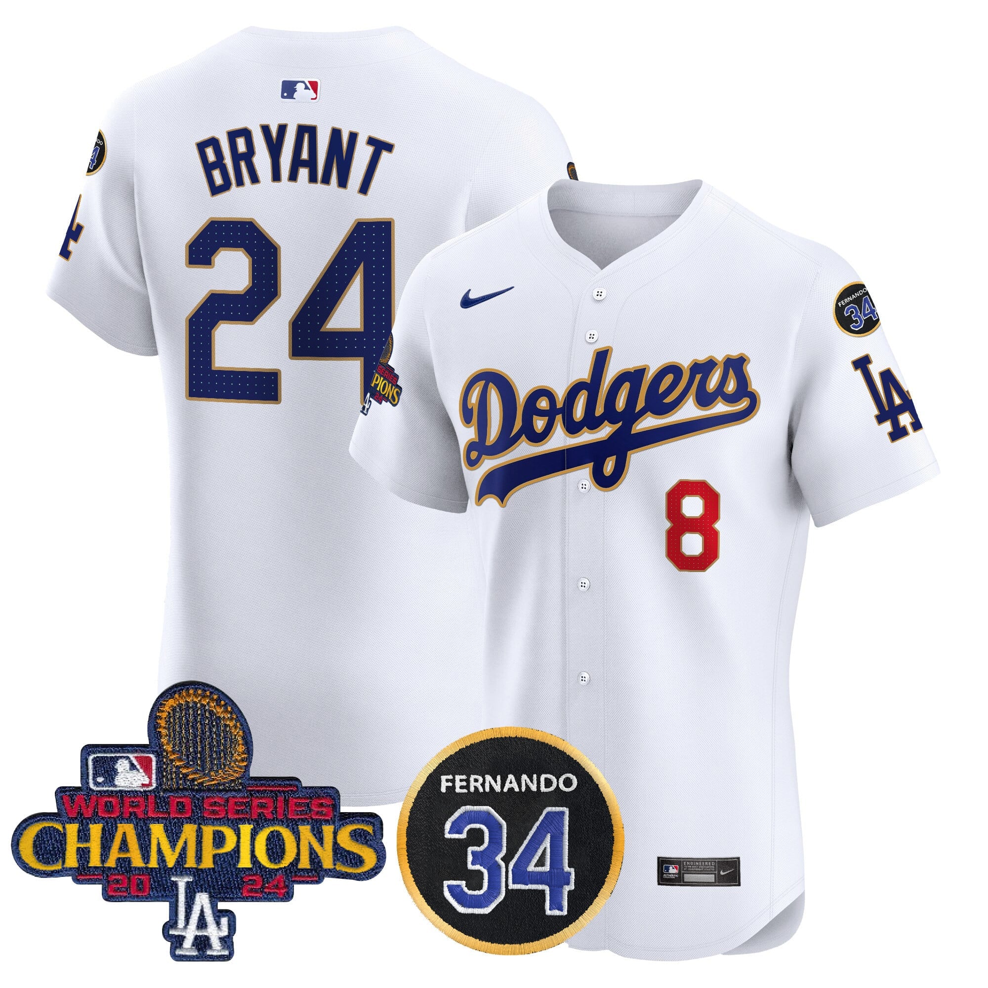 Men's Dodgers 2024 World Series Champions Gold Trim Vapor Premier Elite Jersey V2 - All Stitched