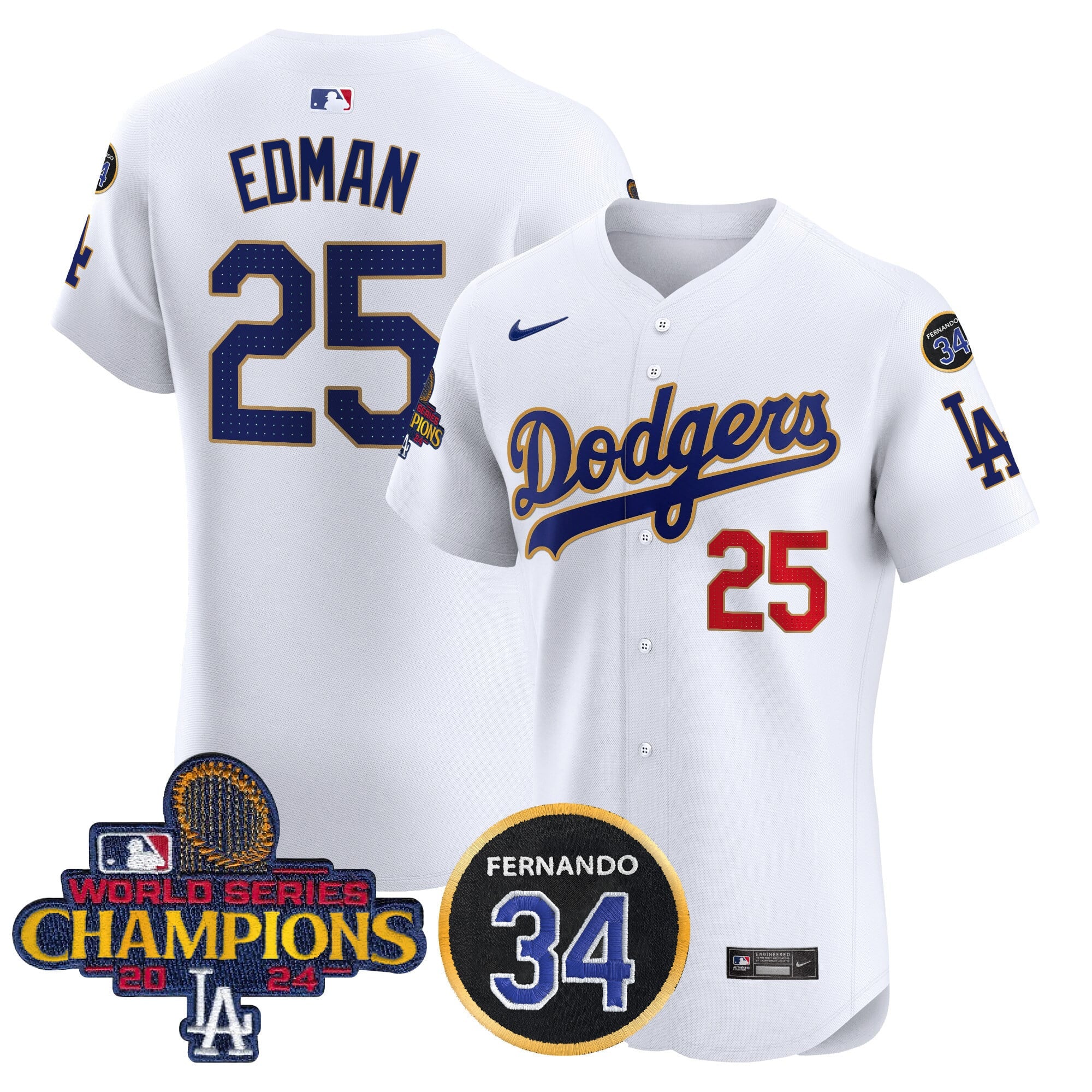 Men's Dodgers 2024 World Series Champions Gold Trim Vapor Premier Elite Jersey V2 - All Stitched