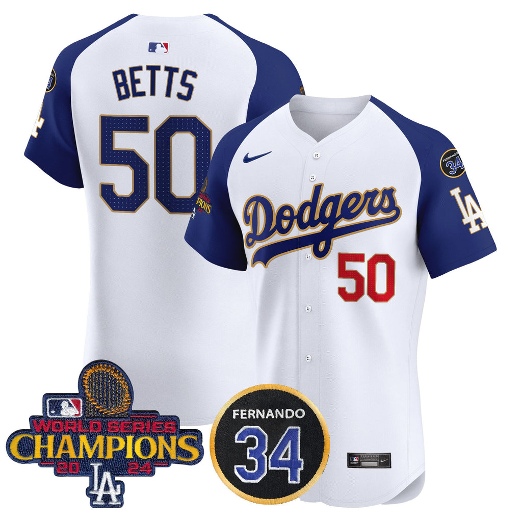 Men's Dodgers 2024 World Series Champions Gold Trim Vapor Premier Elite Jersey V2 - All Stitched