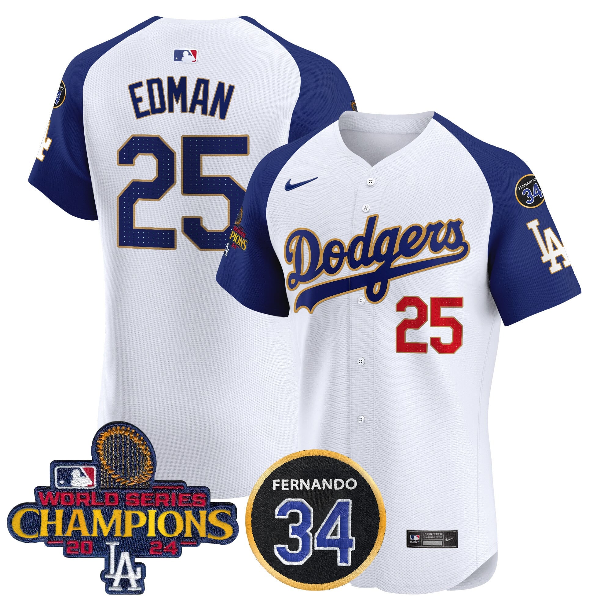 Men's Dodgers 2024 World Series Champions Gold Trim Vapor Premier Elite Jersey V2 - All Stitched