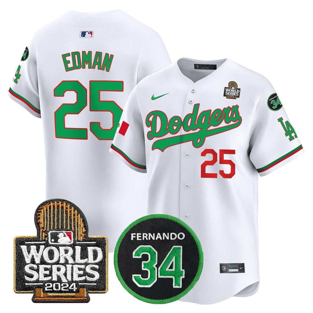 Men's Dodgers Mexico Fernando Memorial & 2024 World Series Patch Vapor Premier Limited Jersey V3 - All Stitched