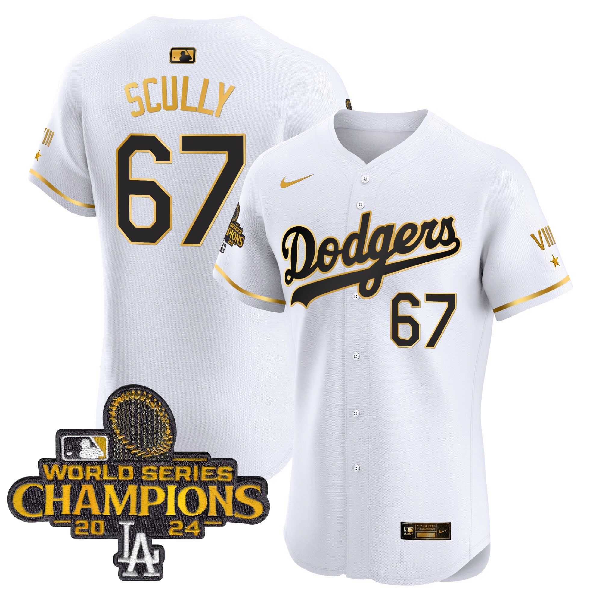 Men's Dodgers 2024 World Series Champions Gold Trim Vapor Premier Elite Jersey V3 - All Stitched