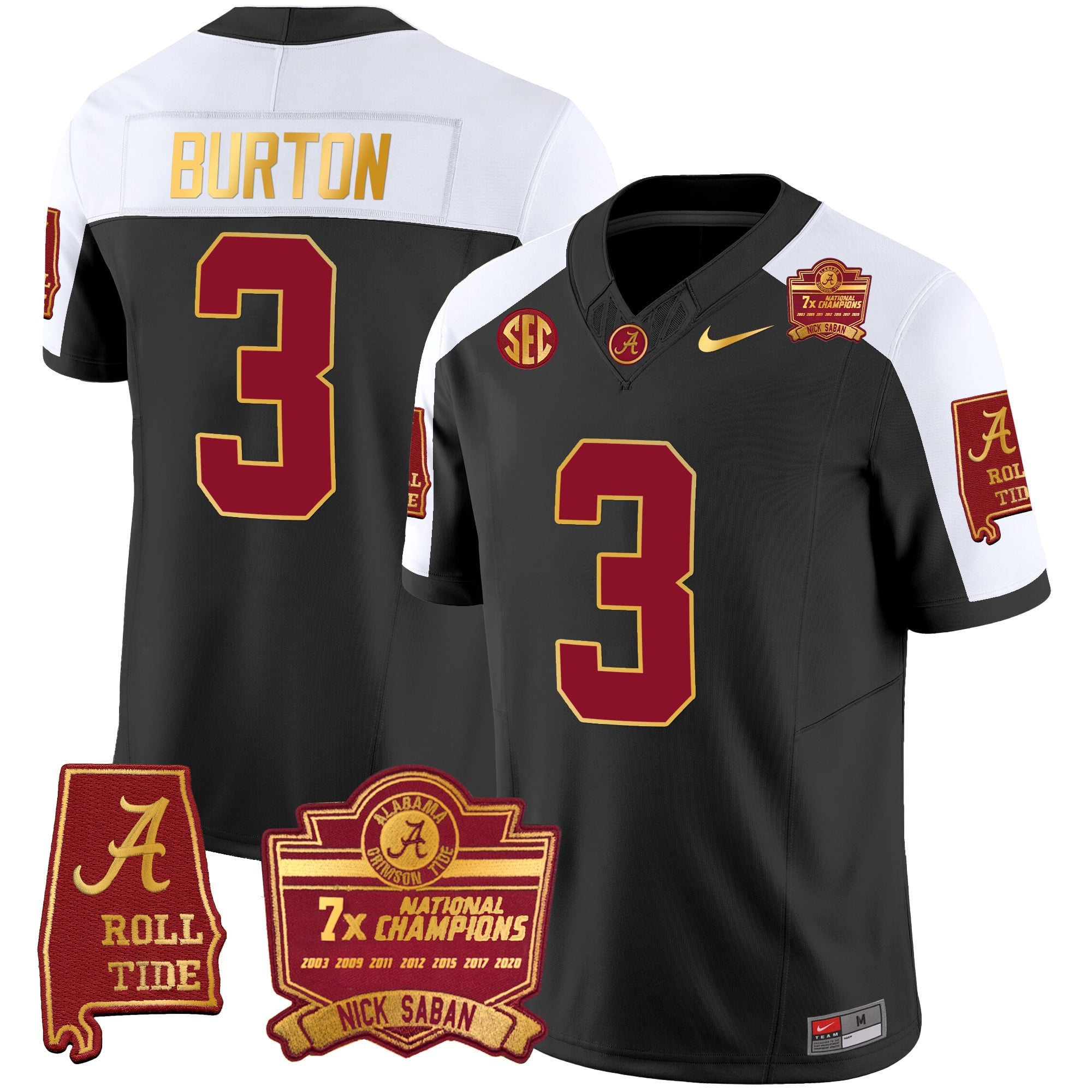 Men's Alabama Crimson Tide Nick Saban 7x Champions Patch Gold Trim Jersey - All Stitched