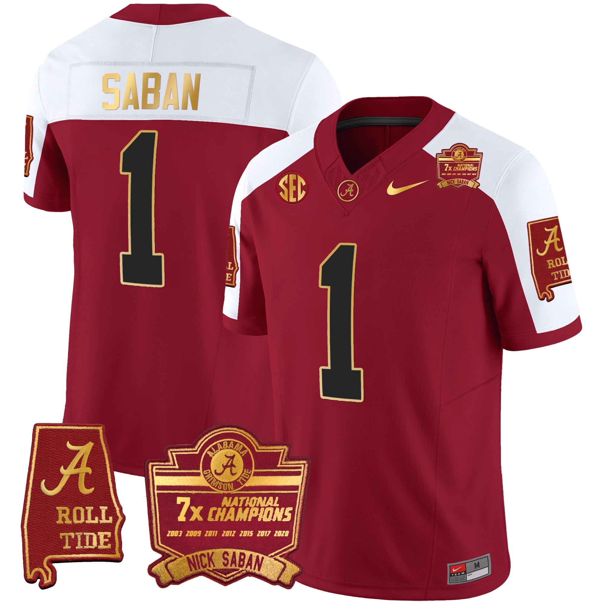 Men's Alabama Crimson Tide Nick Saban 7x Champions Patch Gold Trim Jersey - All Stitched