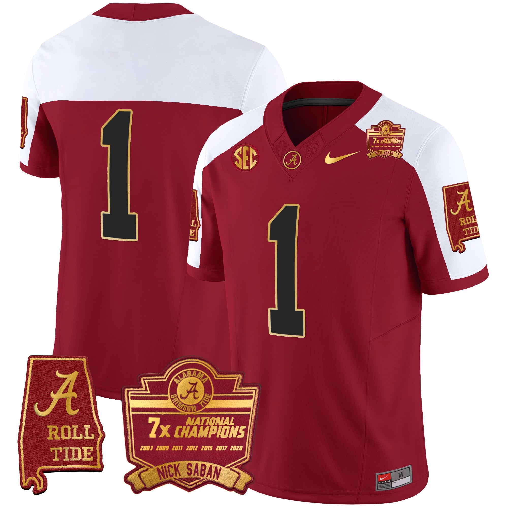 Men's Alabama Crimson Tide Nick Saban 7x Champions Patch Gold Trim Jersey - All Stitched