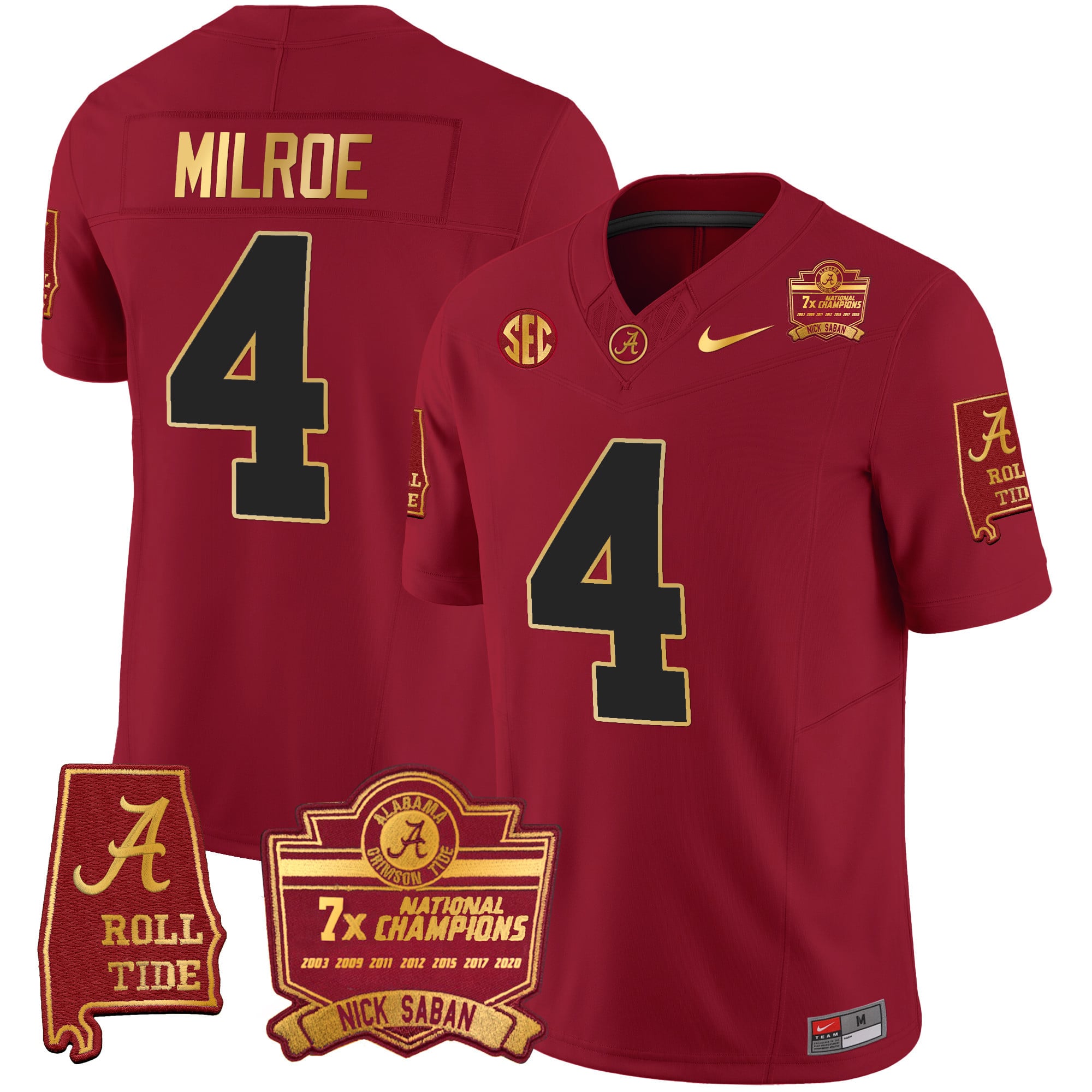 Men's Alabama Crimson Tide Nick Saban 7x Champions Patch Gold Trim Jersey - All Stitched