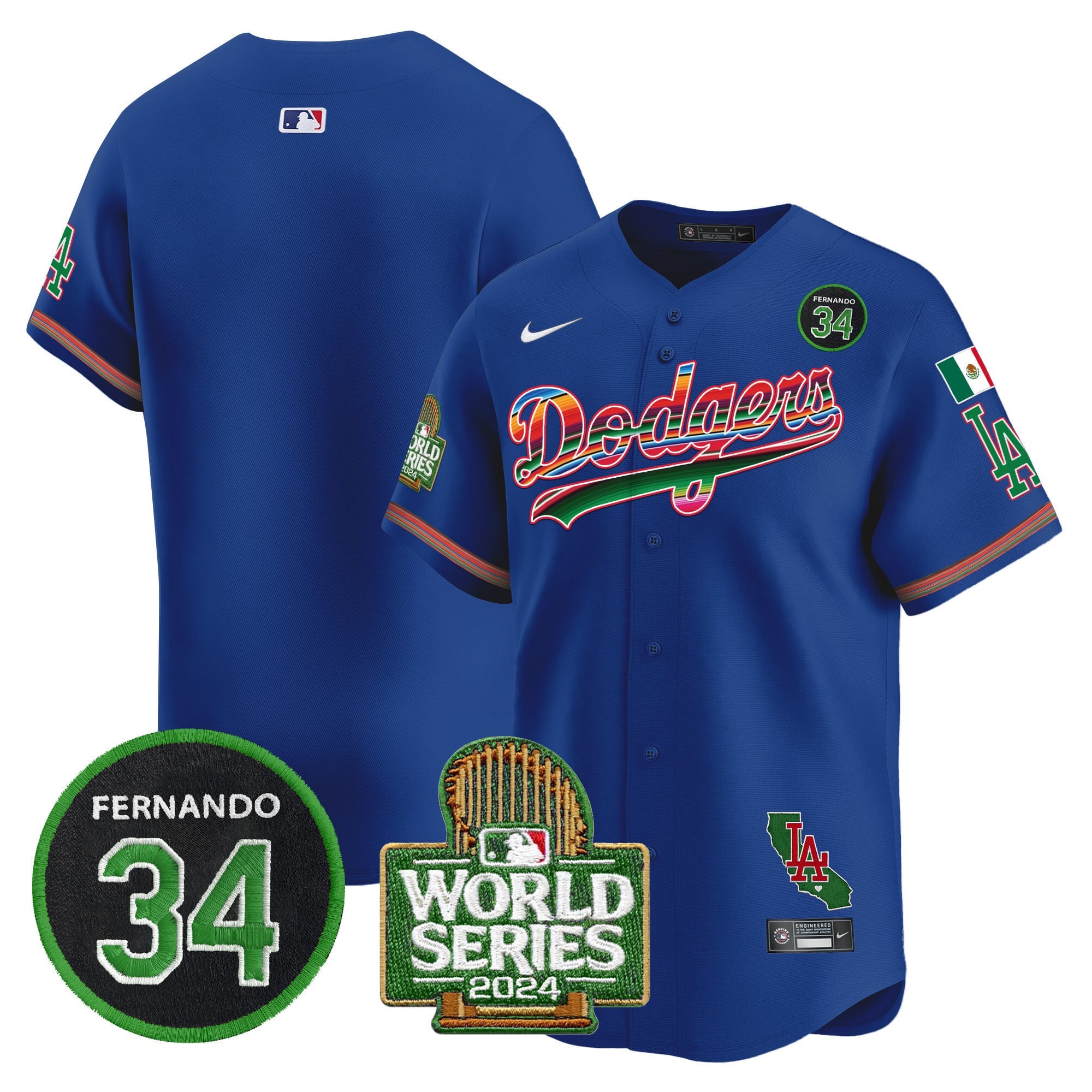 Men's Dodgers Mexico Fernando Memorial & 2024 World Series Patch Vapor Premier Limited Jersey - All Stitched
