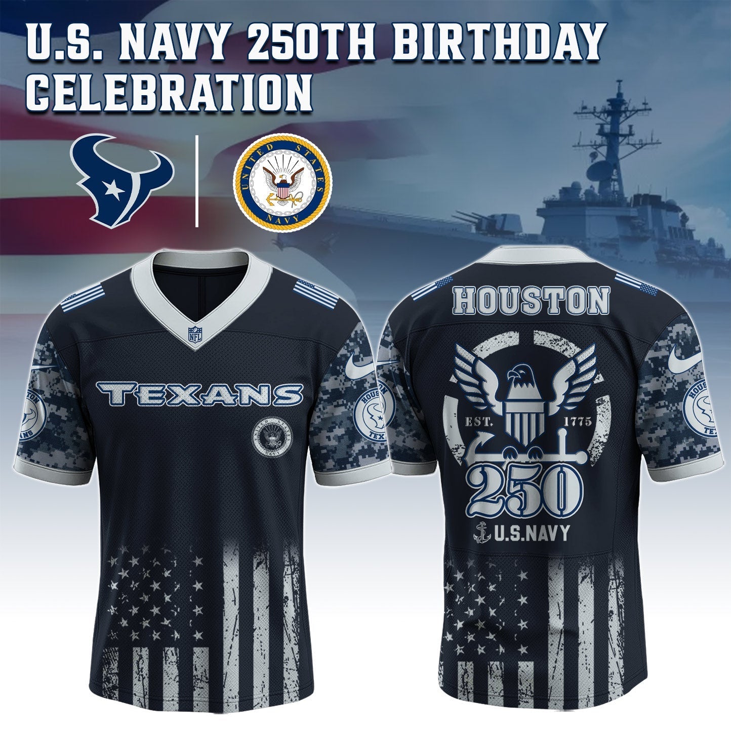 Houston Texans NFL x U.S. NAVY 250TH Birthday Special Edition Jersey
