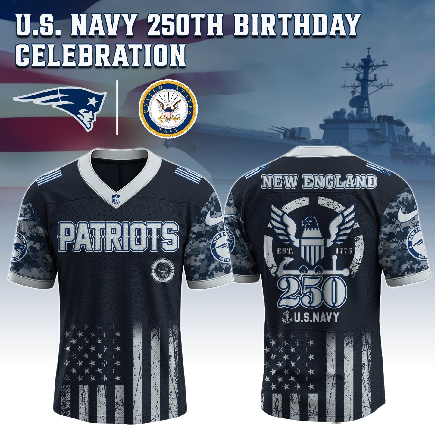 New England Patriots NFL x U.S. NAVY 250TH Birthday Special Edition Jersey