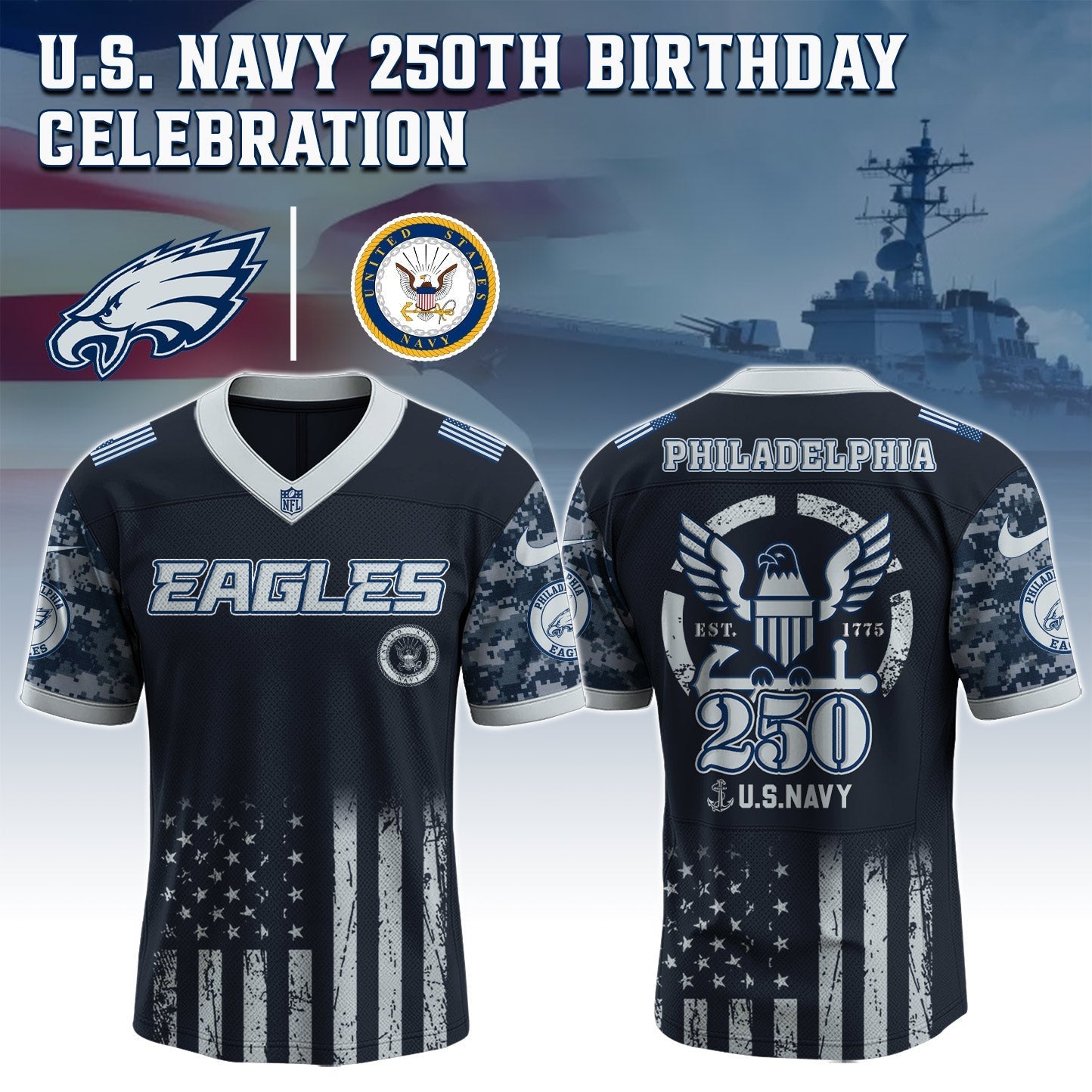 Philadelphia Eagles NFL x U.S. NAVY 250TH Birthday Special Edition Jersey