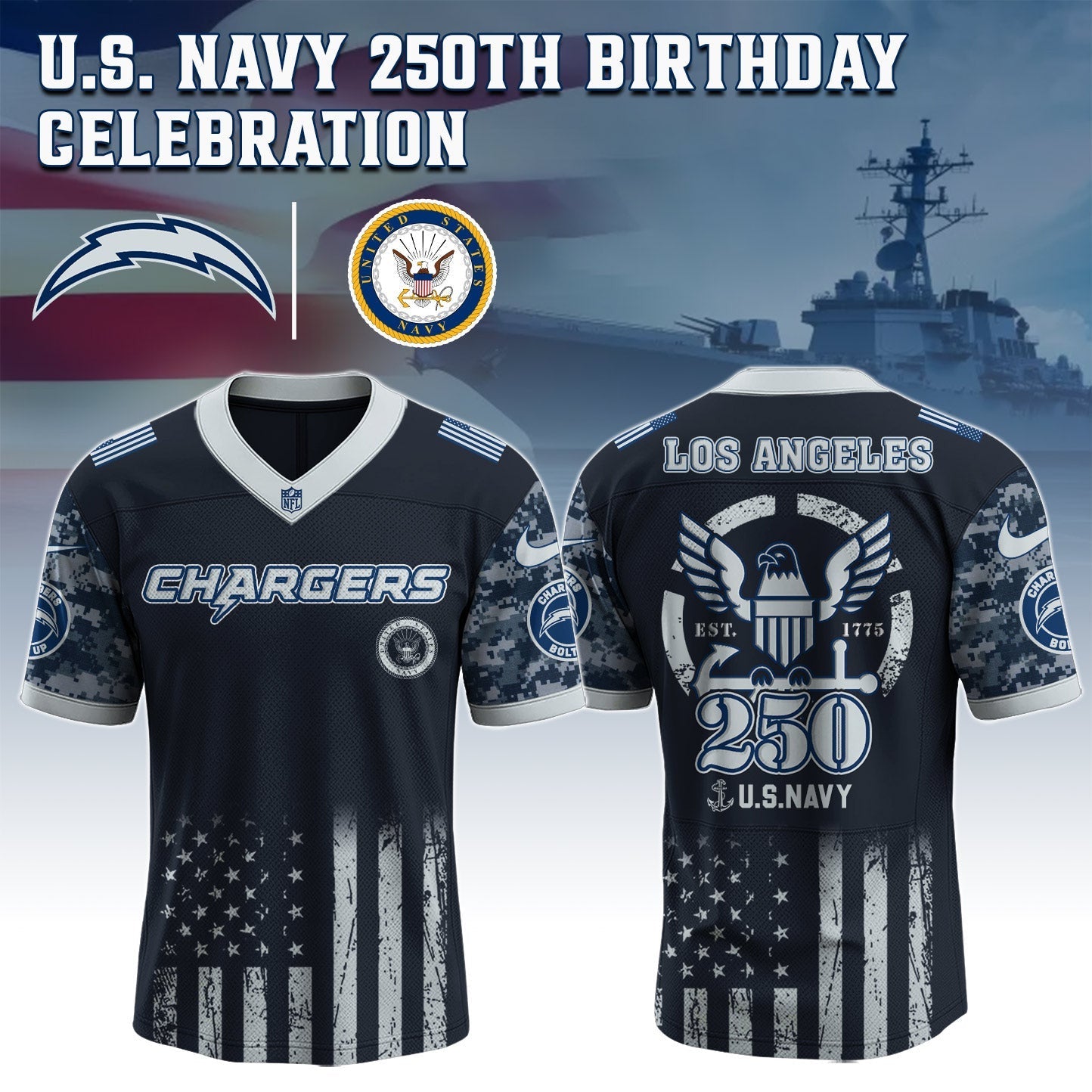 Los Angeles Chargers NFL x U.S. NAVY 250TH Birthday Special Edition Jersey