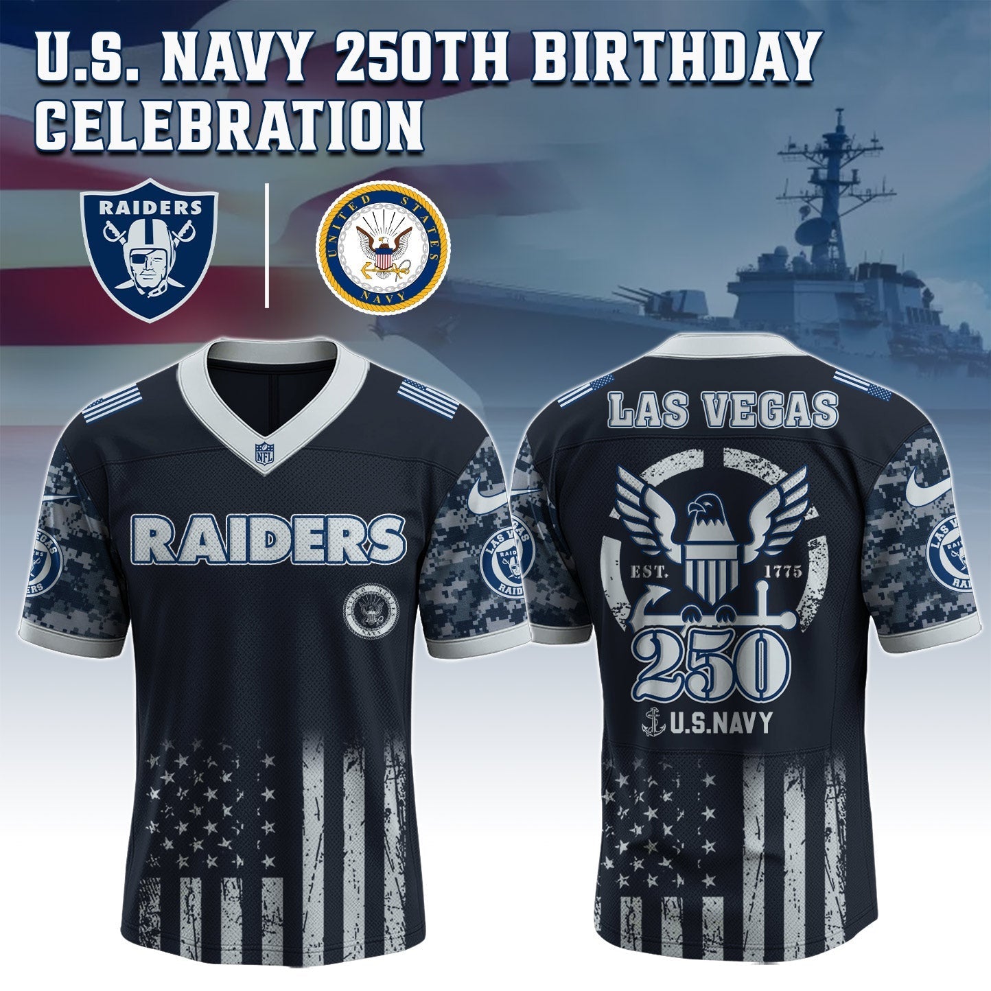 Las Vegas Raiders NFL x U.S. NAVY 250TH Birthday Special Edition Jersey