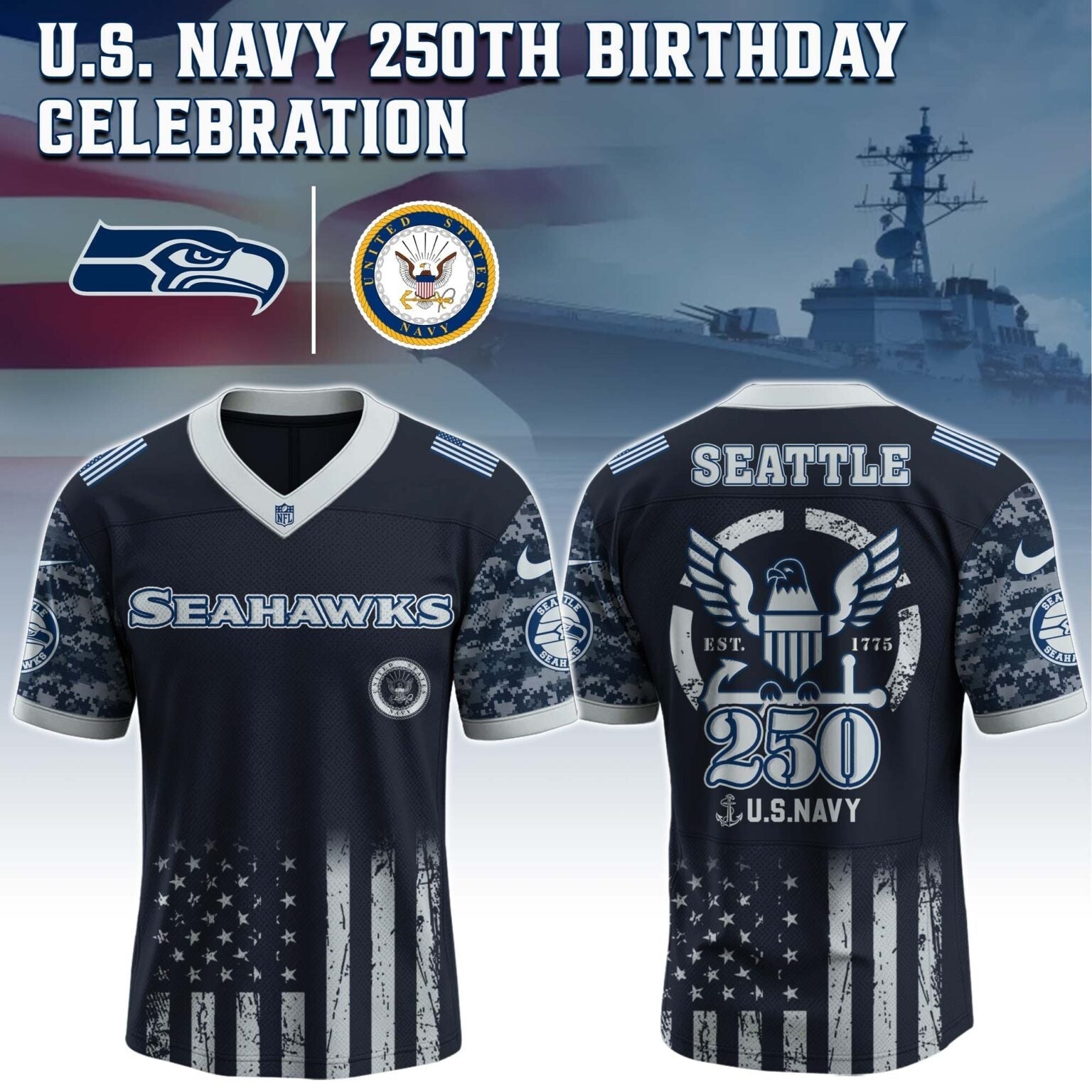 Seattle Seahawks NFL x U.S. NAVY 250TH Birthday Special Edition Jersey