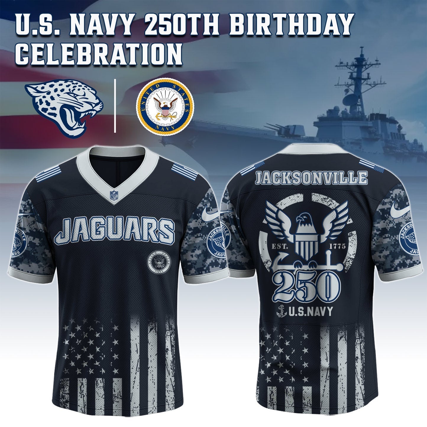 Jacksonville Jaguars NFL x U.S. NAVY 250TH Birthday Special Edition Jersey